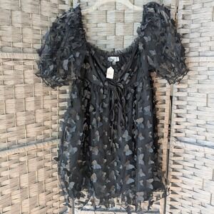 MABLE Black 3D Butterfly Mesh Mini Dress Puff Sleeve Babydoll Sz S Square Neck